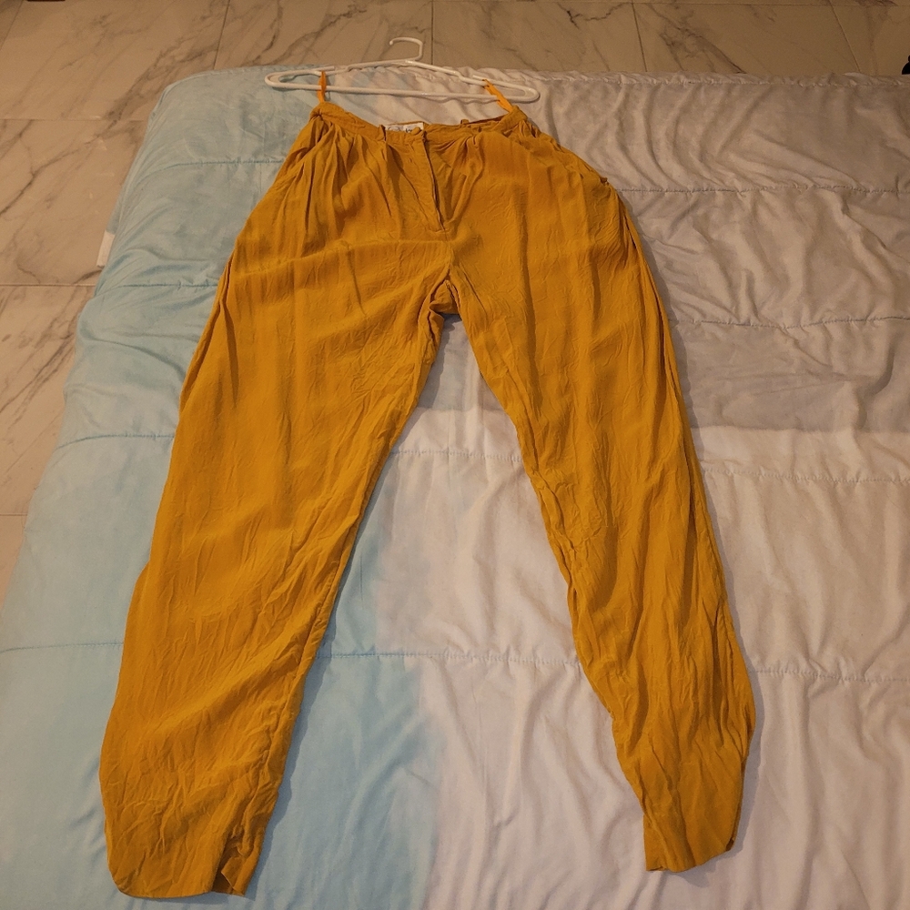 100% SILK Mustard Yellow Trousers Pants Slacks 8 Sz.